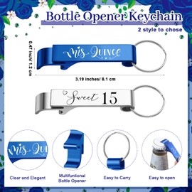 Dandat 50 Sets Quinceanera Party Favors for Guests 15 Years Old Bottle Opener Keychain Organza Bags Thank You Cards with Rope Quinceanera Gift for 15 Party Guests(Blue,Silver)
