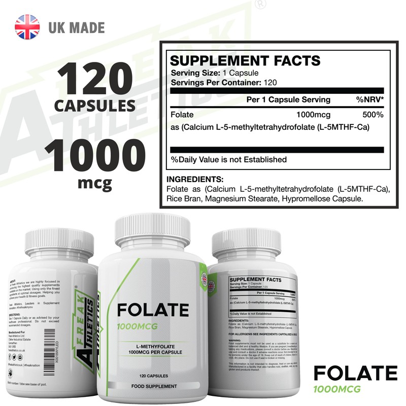 Folate 1000mcg (L-Methylfolate) 120 Capsules, 5-MTHF Active Form of Folic
