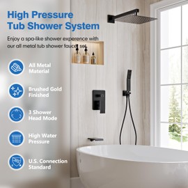 HomGoo Matte Black Shower System with Tub Spout, All-Metal Wall Mounted 12-Inch Rain Shower Head and Handheld Spray Combo, Complete Tub Shower Set with Valve and Trim Kit
