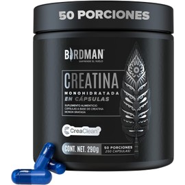 BIRDMAN Creatina Monohidratada de Alta Pureza en Cápsulas | Pre Workout y Post Workout | Sin Cafeína | Sin Gluten | Sin Azúcar | Sin Sabor | 50 Porciones | 250 Cápsulas