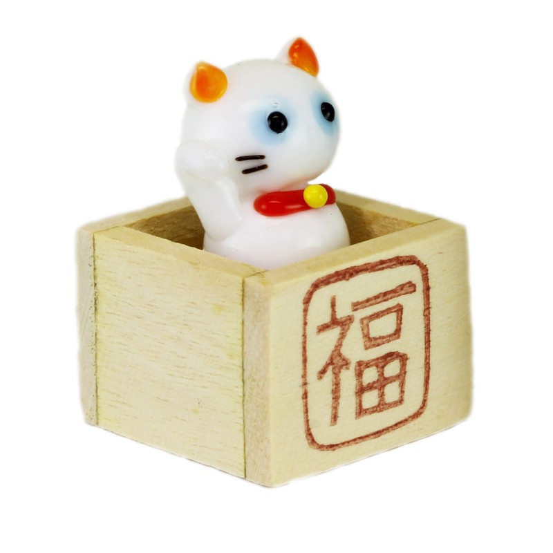 かわいい 手作り ガラス細工 枡入り 白猫 CYK620