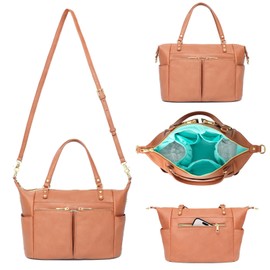 Small Diaper Bag Tote Mominside, Mini Diaper Bag Purse with 13 Pockets, Leather Crossbody Diaper Bag, Diaper Clutch Diaper Bag Organizers, Travel Baby Bag for Women Girls, 2 Insulated Pockets, Brown