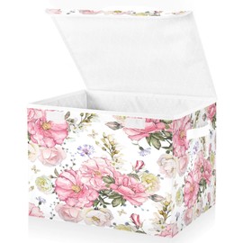 FUGIDOG Flower Storage Bins with Lids Decorative Fabric Storage Boxes with Handles Closet Organizer Foldable Toy Basket Baby Basket for Nursery Bedroom Office