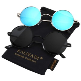 KALIYADI Round Polarized Sunglasses for Men Women Retro Metal Hippie Circle Style Sun Glasses UV Protection (2 Pack) 45mm
