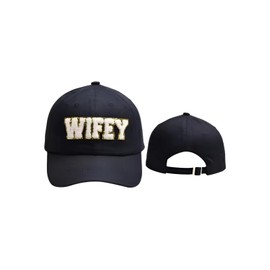 Wife Baseball Cap, Glitter Text Design, Adjustable Strap 3 Colors Available White Black Beige Wifey Chenille Baseball Cap (US, Alpha, Medium, Large, Black)