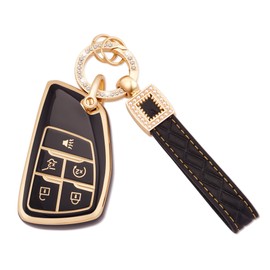 EKALA for GMC Key Fob Cover with Leather Key Fob Keychain, 5 Buttons Soft TPU Black Gold Key Shell Case Compatible with 2021 2022 2023 GMC Sierra 1500 Chevy Silverado 1500 2500HD 3500HD (BP-Bck-5D)