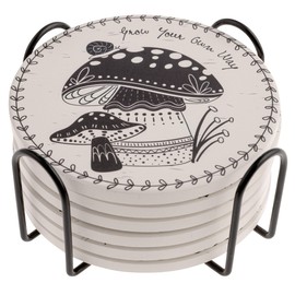 Karma, Black and White Garden Coaster Set of 6 - Coasters for Drinks Absorbent with Metal Holder - Great Gift for Birthday, Housewarming, Room Decor, Bar, Holiday Party