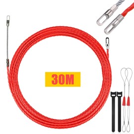 Lakigoes Cable Retraction Aid 30 m, Retractable Spiral Φ4.5 mm Retractable Wire with 2 Guide Springs, Retractable Strap, Cable Retraction Aid in Ideal Empty Pipes for Electrical Cable, Red