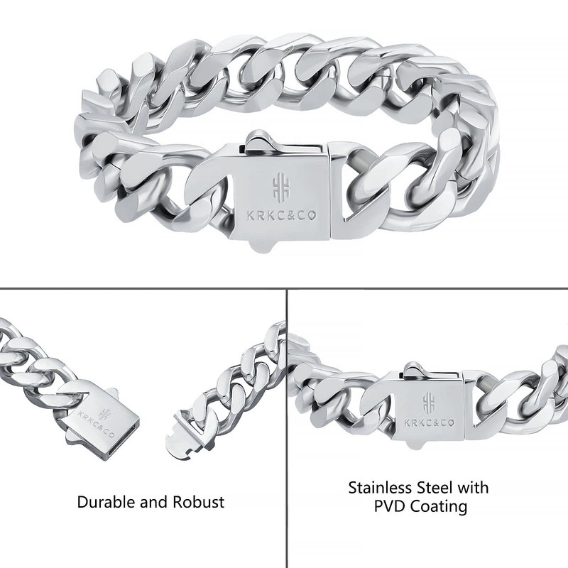 KRKC&CO 8mm/10mm/12mm/14mm Cuban Link Curb Bracelet for Men, 18K Gold/White