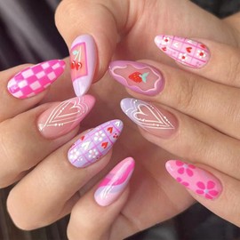 24Pcs Pink Love Plaid Cherry Strawberry Press on Nails - Almond Medium False Nails With Pink Flowers - Summer Glue on Full Cover Cute French Tip Stick on Nails for Women