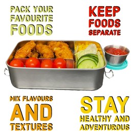 Generic Premium Airtight Stainless Steel Bento Lunch Box with 850ml Capacity and Condiment Carrier, Dishwasher Safe, 3 Compartments, Children & Adults, Work, School, Camping, Travel, ZG850SSBLBWCH