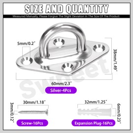 Swpeet 4Pcs M5 304 Stainless Steel Silver Rhombus Pad Eye Plate Hook with Screws and Plastic Anchors Assortment Kit, Marine Hardware Hooks Ceiling U Hook Staple Ring Hook for Securing Hanging