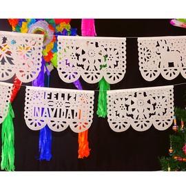 Feliz Navidad Decorations White Christmas Papel Picado, 5 Pack Feliz Navidad Banner for Christmas Party, Made from Tissue Paper Over 60ft WS11