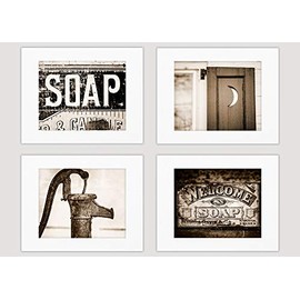 Lisa Russo Fine Art - Sepia Bathroom or Laundry Room Wall Decor Photo Prints - Soap, Pump, Outhouse - Set of 4 - Not Framed (4 5x7 Prints with 8x10 Mats)