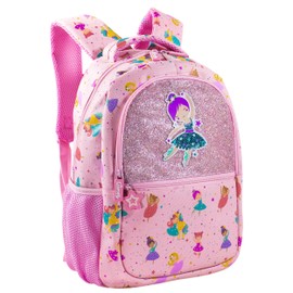Decorably 16.5in Glittery Ballerina Backpack with Ballerina Patch and Prints, Multi-Compartment Dance Backpack for Girls with Padded Straps and Back, 3 Main Compartments, 2 Water Bottle Side Pockets