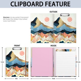 Rimilak Spiral Clipboard Folio with Refillable Lined Notepad, 14.5 x 9.8 in, Hardcover Cover with 5 Interior Pockets, Elastic Band and Pen Loop Series. Cute Stylish Clipfolio, Watercolor Sunset