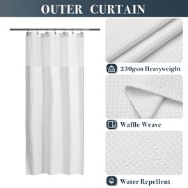 N&Y HOME Stall Waffle Weave Shower Curtain with Snap-in Fabric Liner & Hooks Set - 36" x 72" Small Shower Stall Size, Hotel Style & Mesh Top Window, Machine Washable - 36x72, White