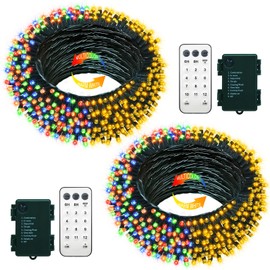 2 Pack Color Changing String Lights, 33 Ft 100 LED Christmas Fairy Lights Battery Operated Green Wire String Lights with Remote Timer for Bedroom Garden Party Wedding Decor - Warm White & Multicolor