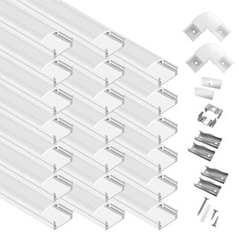 hunhun 20-Pack 6.6ft/2Meter U Shape White LED Aluminum Channel System with Milky Cover, End Caps and Mounting Clips, Aluminum Channel Profile for LED Strip Light Diffuser Installations (20pack*6.6ft)