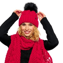 ELIMELI® Winter Hat Women's Hat with Fur Pom Fleece Lining Lined - Warm Women's Bobble Hat Knitted Hat - Winter Hat with Faux Fur Bobble - Slouch Knitted Beanie Made in EU, Red - Scarf Set