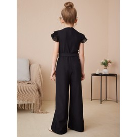 WDIRARA Girl's Layered Ruffle Cap Sleeve Mesh Notched V Neck Belted Jumpsuit Pants Black 11-12Y