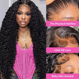 13x6 Human Hair Wig Lace Front Wig 180% Density Deep Wave Lace Front Wigs Human Hair with Baby Hair 100% Real Natural Wig Brazilian Curly Wigs for Black Women Natural Color (Deep 16 Inch)