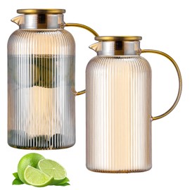 Buaic 2 PACK Glass Pitcher with Lid, 68 oz/ 2 Liter Amber Classic Vertical Stripes Water Pitcher,Glass Water Carafe for Cold Brew, Coffee, Lemonade, Iced Tea,Beverage, Heat Resistant Water Glass Jug