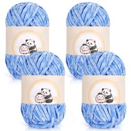 Aeelike Chenille Yarn Set 400g, 4 Pack Plush Crochet Yarn Chunky Chenille, Soft Fluffy Baby Velvet Knitting Wool for Crochet Amigurumi, Thick Blankets, Scarves & DIY Crafts, Blue