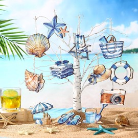 DIELOVEHUA Pack of 12 Summer Wooden Pendants, Ocean Beach Summer Wooden Pendants, Tree Decorations Summer, Summer Wooden Tags, Hawaiian Party Decoration, for Tropical Summer, Pool, Beach, Luau Party