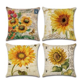 COWORK Set of 4 Vintage Sunflower Cushion Cover Cotton Linen Throw Pillow Case Decorative Sofa Square Pillowcase for Home Deco Favor, 18 x 18 inch / 45 x 45 cm with Invisible Zipper