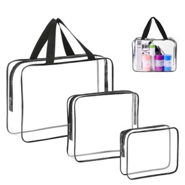 3 Pack Clear Travel Bags for Toiletries, Waterproof Clear Plastic Cosmetic Makeup Bags, Transparent Packing Organizer Storage Bags, Clear Plastic Tote Bags with Zipper Handle Straps (Black)