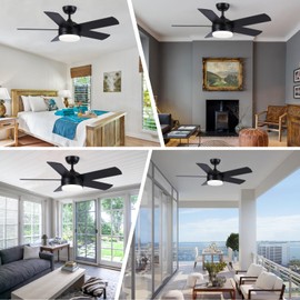 YUHAO 44 inch Black Ceiling Fan with Lights and Remote Control,Dimmable 3 Color temperatures LED,Quiet Reversible Motor,5 Blades Modern Ceiling Fans for Indoor.