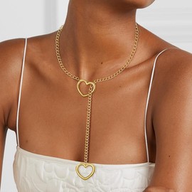 HMOOY Heart O-ring Slip Chain Choker Necklace For Women, Adjustable Stainless Steel Lariat Y-Necklace Rainbow Punk Rock Gothic Cuban Collar Loop Choker Necklace for Women (Heart-Gold, 28")