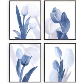 Blue Bathroom Wall Decor, Navy Flowers Wall Art Pictures for Bedroom|Office|Living Room Accessories, Elegant Tulips Prints for Salon SPA Wall Decoration, Set of 4, 8"x10", UNFRAMED