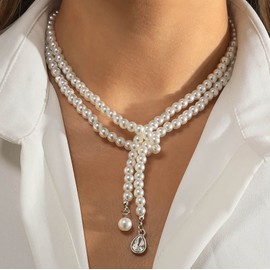 Atentuyi Wedding Pearl Necklace Pearl Long Necklace Round Simulated Pearl Necklace Pearl Strand Necklace Silver Cz Pendant Necklace Layered Pearl Choker Boho Jewelry for Women and Girls