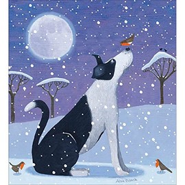 Woodmansterne Artistic Charity Christmas Cards - Dog & Robins in the Snow Under Moonlight - Eco-Friendly & Recyclable - Pack of 5 Cards