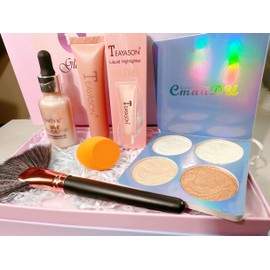 Beauty Box/Hamper Makeup Gift Set: Fan Makeup Brush + Sponge Applicator + Liquid Highlighter + Liquid Bronzer + Face Contour Palette