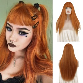 Sofeiyan Long Straight Wig with Fringe Orange Natural Synthetic Hair Wigs Heat Resistant Wig for Women Girls 26 Inches