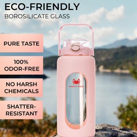 MIGHTY VESSEL 64 oz Glass Water Bottle – Pink | Half Gallon Borosilicate Bottle with Straw, Silicone Sleeve, Time Marker – Cute Leakproof Water Jug for Women, Gym, Travel