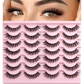 QUNETY Lashes False Eyelashes Wispy Cat Eye Lash Strips Fake Mink Eyelash Natural Look 14 Pairs Fluffy Demi Wispies Strip Lashes Pack 8-14mm Short Cateye Full Pestañas for Women