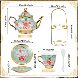 Zhehao Zhehao 20 Pcs Porcelain Tea Set with Metal Holder and Spoon Adult Ceramic Tea Party Set European Flower Painting Teapot Cup Saucer Spoon Set for Women, Large Version(Fresh Style)