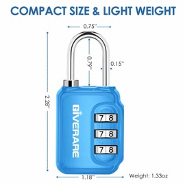 GIVERARE 2 Pack Combination Lock, 3-Digit Padlock Keyless, Resettable Luggage Locks for Backpack, Gym & School&Employee Locker,Weatherproof Travel Lock for Fence, Backyard Gate, Hasp, Case-Blue+Red