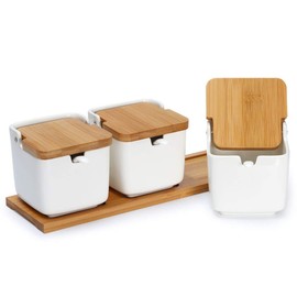 Lucky Goddness Porcelain Sugar Bowl Condiment Jar-Ceramic Flip Top Spice Container with Bamboo Lids and Spoons,for Kitchen Home