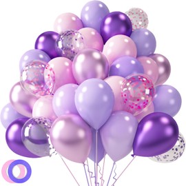 LovesTown 60PCS Pink Purple Balloons, 12 Inches Metallic Violet Garland Arch Kit Confetti Latex Balloons with Ribbon for Girls Birthday Baby Shower Wedding Party Decorations