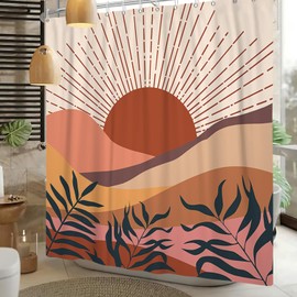 Leowefowa Abstract Mid Century Shower Curtains Boho Modern Minimalist Style Geometric Sun Mountain Aesthetic Shower Curtain Bathroom Decor Fabric Waterproof with Hooks 72x72 inch