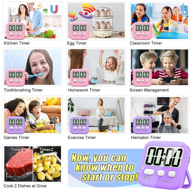 Antonki 2 Pack Digital Timer for Kids, Magnetic Countdown Kitchen