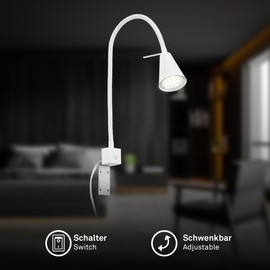 BRILONER BRILONER - LED Leselampe mit Ein/Aus-Schalter, schwenkbar, viele Befestigungspositionen, Wandleuchte Innen, Wandlampe, Bettlampe, Lampe Bett, Leselicht, Nachttischlampe, 40,3x21,7 cm, Wei?