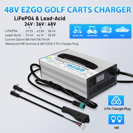 EZGO Battery Charger 48 Volt with 3 Pin Triangle Plug rxv txt,LiFePO4 &Lead-Acid 24V/36V/48V Adjustable Voltage & Current, Waterproof Plug M8 & 48V 3-Pin Triangle Plug (EZGO 48V 3-Pin Triangle Plug)
