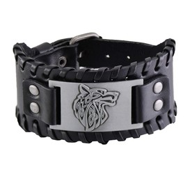 Zed ShadoWw Nordic Wolf Wide Leather Weave black Bracelet Retro Stainless steel Cuff for men