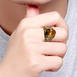 Golden George Tiger Eye Gemstone Rings: Men's Classic Vintage Jewlery Gold Rings Stainless Steel Rings Carved Flower Pattern Oval Gold Rings with Gift Box Sizes 9 inch